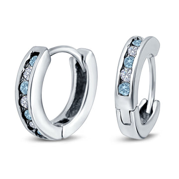 Eternity Huggie Hoop Earrings Channel Round Simulated Aquamarine Cubic Zirconia 925 Sterling Silver